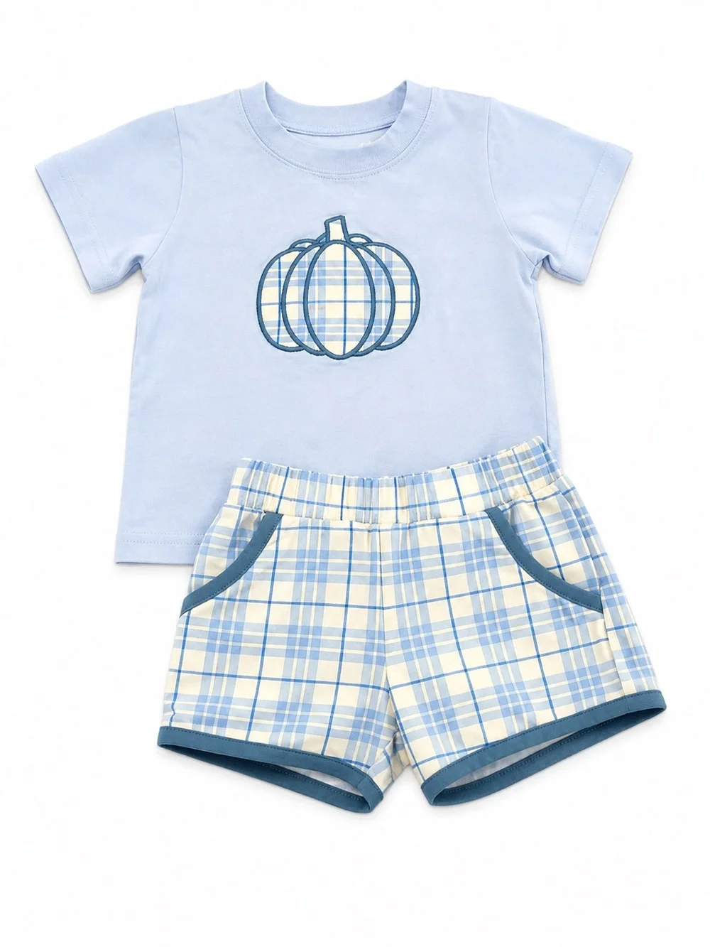 Southern Darling Smocks Pumkin Light Blue Plaid Matching Shorts Set